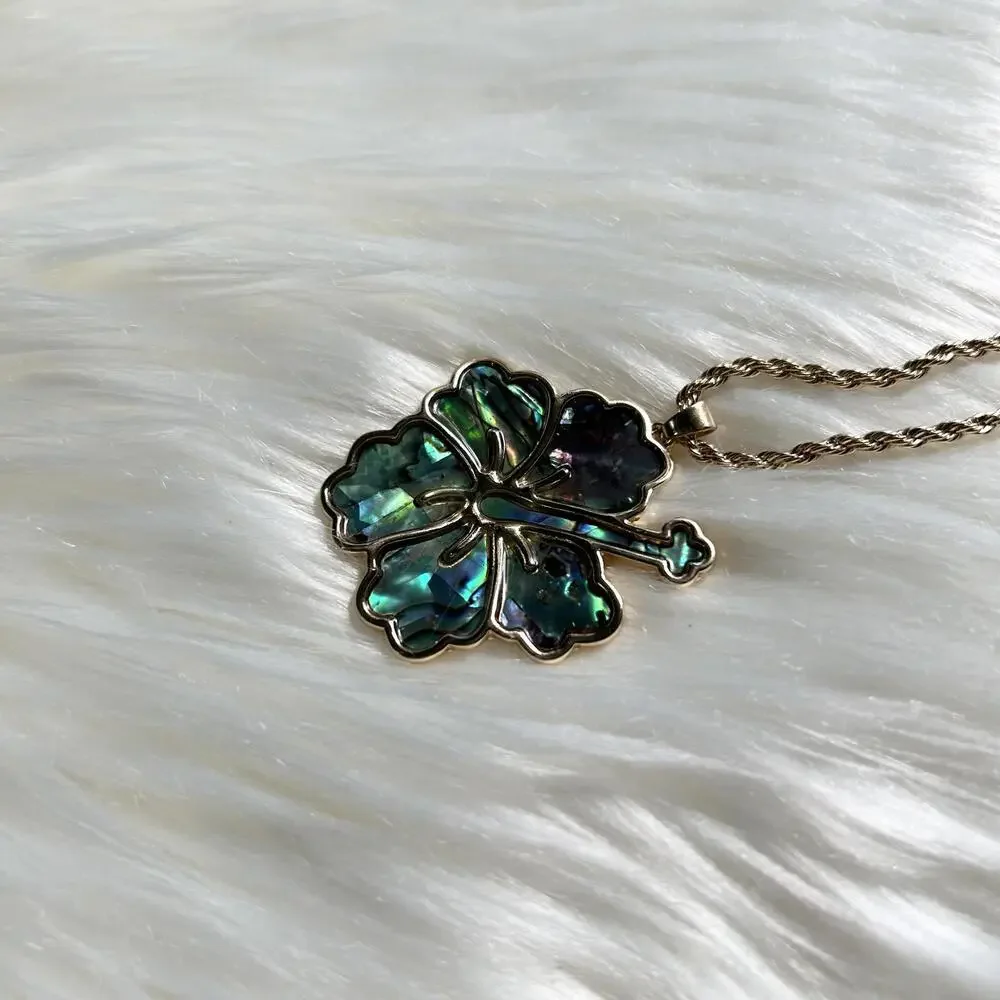 Hawaiian Hibiscus Floral Abalone Pendant Gold Plated Rope Chain Necklace